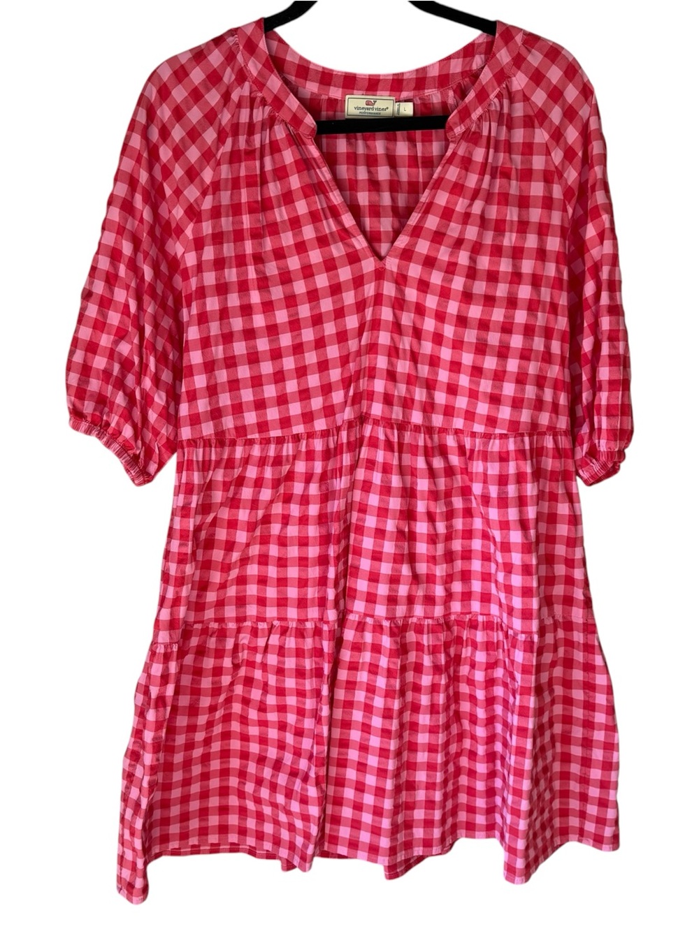 Vineyard Vines Pink and Red Gingham Tiered Mini Dress
